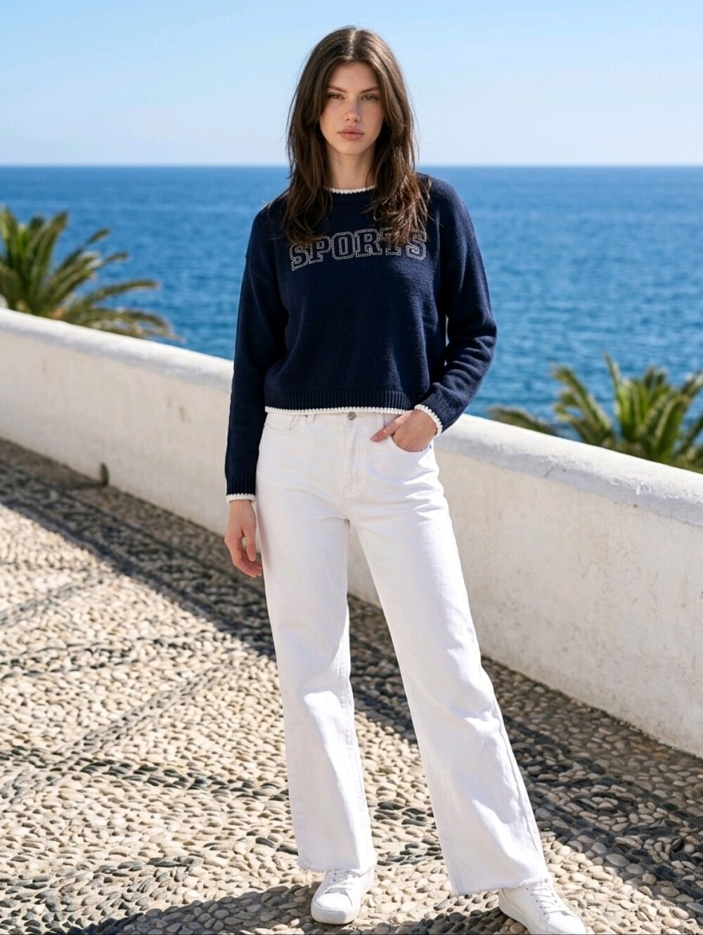 Sincerly Jules Navy Crewneck with White Trim and SPORT Applique